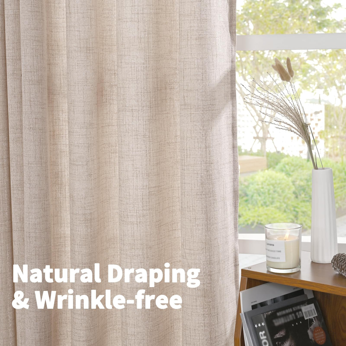 Short Natural Linen Curtains 45 Inch Length 2 Panels Pinch Pleated Light Filtering Textured Window Drapes for Bedroom Kitchen Cafe Privacy Back Tab
