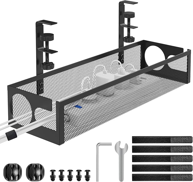 Under Desk Cable Management Tray No Drill 15.1’’, Metal Mesh Cable Management Box with Hybrid Side Slots Cable Raceway,Adjustable Cable Tray with Wire Management for Office Home,1 Pack (Black)