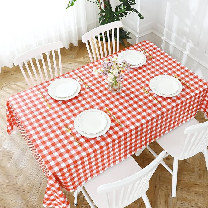 Romanstile Square Vinyl Tablecloth, 100% Waterproof Buffalo Gingham Plastic Table Cloth, Heavy Duty Wipeable Checkered Table Covers for Outdoor, Camping, Picnic, Patio - 54 x 54, Red and White