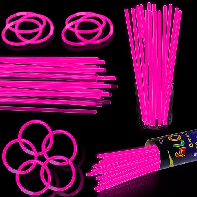 100 pk 8" Pink Glow Sticks Bulk Party Favors, Light up Glow Necklaces & Bracelets in the Dark Party Supplies For Christmas Valentine Halloween Birthday Neon Party (100 * Pink)