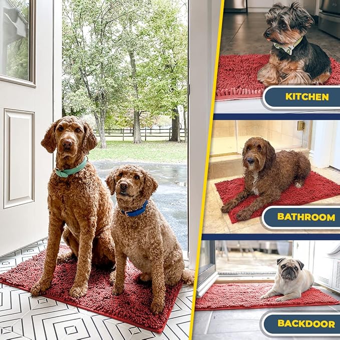 Muddy Mat® Shown on TV – Super Absorbent Microfiber Dog Door Mat for Muddy Paws, Non-Slip Washable Pet Rug, Quick Dry Chenille Entryway Carpet, Machine Washable Indoor Outdoor mat, Red 30"x19"