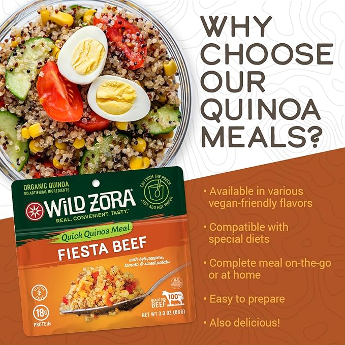 Wild Zora Instant Organic Quinoa Meals - Quick & Tasty Prepared Quinoa Bowls, Pantry Staples Gluten-Free Meal with Lentils Plus 10g Olive Oil Packet - Fiesta Beef (3-Pack)