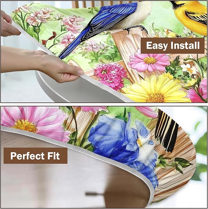Spring Birds Floral Round Fitted Tablecloth with Elastic Colorful Flower Butterfly Circle Table Cloth for 36-40" Round Tables Wipeable Waterproof Farmhouse Easter Table Cover for Outdoor Picnic Dining