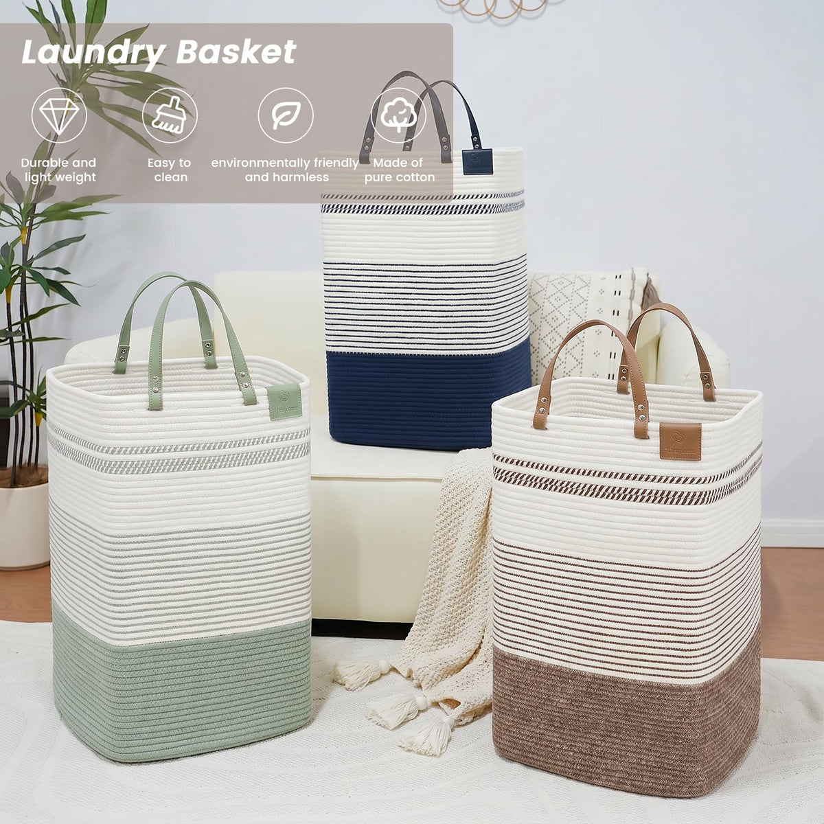 75L Woven Laundry Hamper with Long Leather Handles