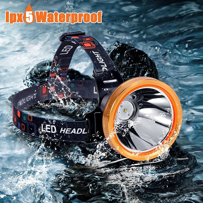 Super Bright Headlamp Rechargeable LED Headlight with Battery, High Power Waterproof Spotlight Flashlight Torch, Coon Hunting Light for Outdoor Camping, Hiking, Fishing, Running, Garden Work