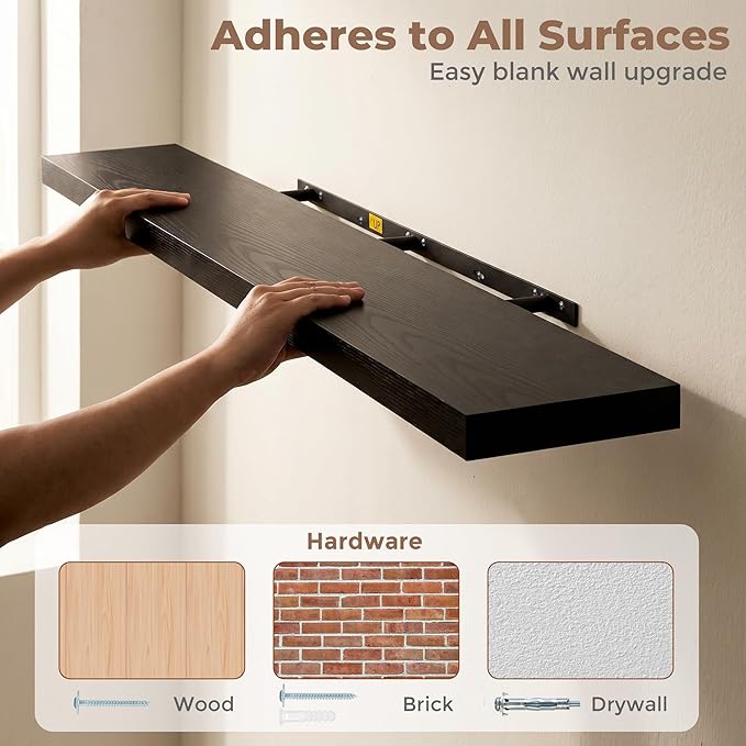 Venusmiles Floating Shelves for Wall, 30 Inch Floating Shelves Set of 2, 6.5" D Wooden Wall Mounted Display Shelves with Invisible Brackets for Living Room, Bedroom, Bathroom, Kitchen Decor, Black