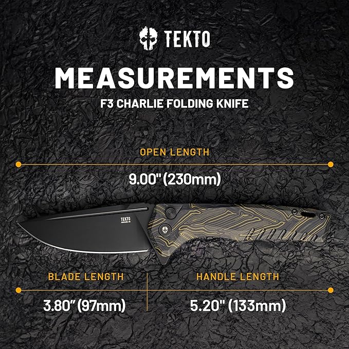 F3 Charlie Button Lock Folding Knife, Oversized Fine Edge Blade, Tactical Damascus G10 Handle - Easy Open Pocket Knife with Titanium Coated D2 Steel & Black Titanium Barrel Spacers