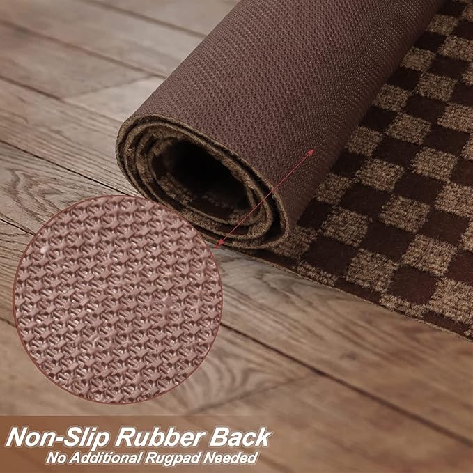 3' x 80' Runner Rugs with Rubber Backing, Indoor Outdoor Utility Carpet Runner Rugs, Checkered Brown, Can Be Used as Aisle for The RV and Boat, Laundry Room and Balcony