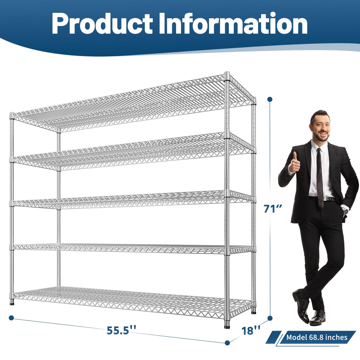 55.5" W Storage Shelves 3200LBS Metal Shelving 5 Tier Wire Shelving Garage Shelving Heavy Duty Metal Shelves for Shelving Unit Commercial Adjustable Shelf (2 Count)