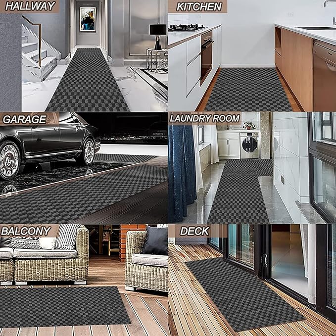 2' x 18' Runner Rugs with Rubber Backing, Indoor Outdoor Utility Carpet Runner Rugs, Checkered Gray, Can Be Used as Aisle for The RV and Boat, Laundry Room and Balcony