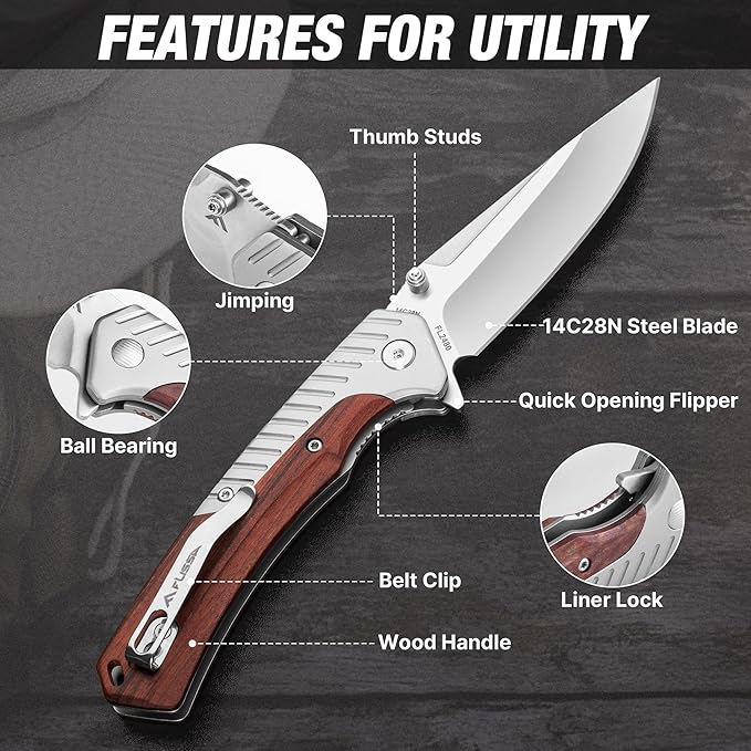 FLISSA Pocket Knife with 3.35" 14C28N Steel Blade, Liner Lock Folding Knife with Wood Handle for EDC, Camping, Hiking, Outdoor Activities, Gift for Men and Women