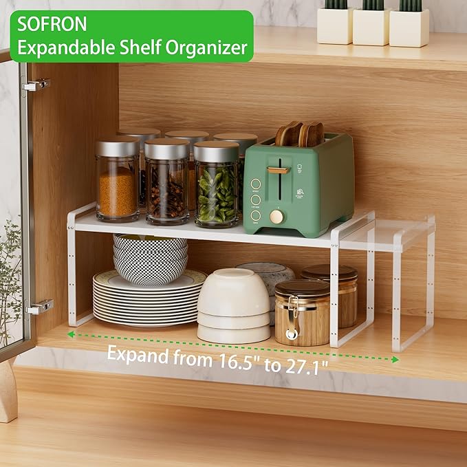 Expandable Cabinet Storage Shelf Stackable Organizer Rack for Kitchen Bathroom Pantry Spice Cupboard Countertop Home Office Desk Heavy Duty Nonslip White Large 2 PACK