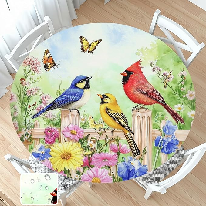 Spring Birds Floral Round Fitted Tablecloth with Elastic Colorful Flower Butterfly Circle Table Cloth for 36-40" Round Tables Wipeable Waterproof Farmhouse Easter Table Cover for Outdoor Picnic Dining