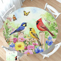 Spring Birds Floral Round Fitted Tablecloth with Elastic Colorful Flower Butterfly Circle Table Cloth for 44-48" Round Tables Wipeable Waterproof Farmhouse Easter Table Cover for Outdoor Picnic Dining