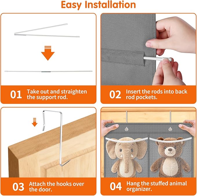 SpaceHacks Stuffed Animal Storage - Large Over the Door Organizer with 6 Expandable Mesh Pockets & Metal Hooks, Non-Woven Fabric Hanging Plush Items Holder for Nursery, Bedroom, Playroom (Gray)