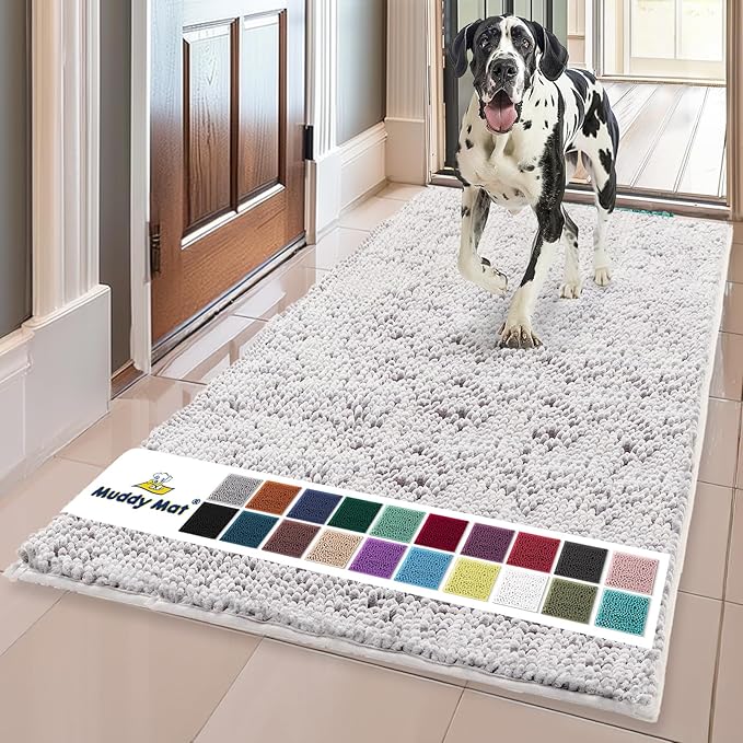Muddy Mat® Shown on TV – Super Absorbent Microfiber Dog Door Mat for Muddy Paws, Non-Slip Washable Pet Rug, Quick Dry Chenille Entryway Carpet, Machine Washable Indoor Outdoor Doormat, White 59"x35"