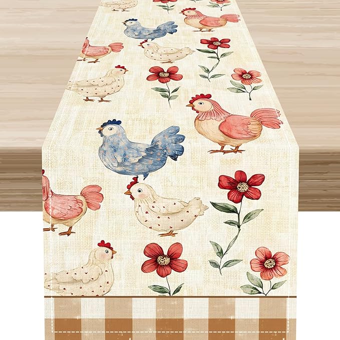 Farmhouse Rooster Table Runner, Rustic Farm Chicken Brown Plaid Flower Plant Watercolor Coffee Table Center Decor for Home Kitchen Dining Patio Party Indoor Outdoor Table Decorations, 13" X 72"