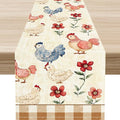 Farmhouse Rooster Table Runner, Rustic Farm Chicken Brown Plaid Flower Plant Watercolor Coffee Table Center Decor for Home Kitchen Dining Patio Party Indoor Outdoor Table Decorations, 13" X 72"
