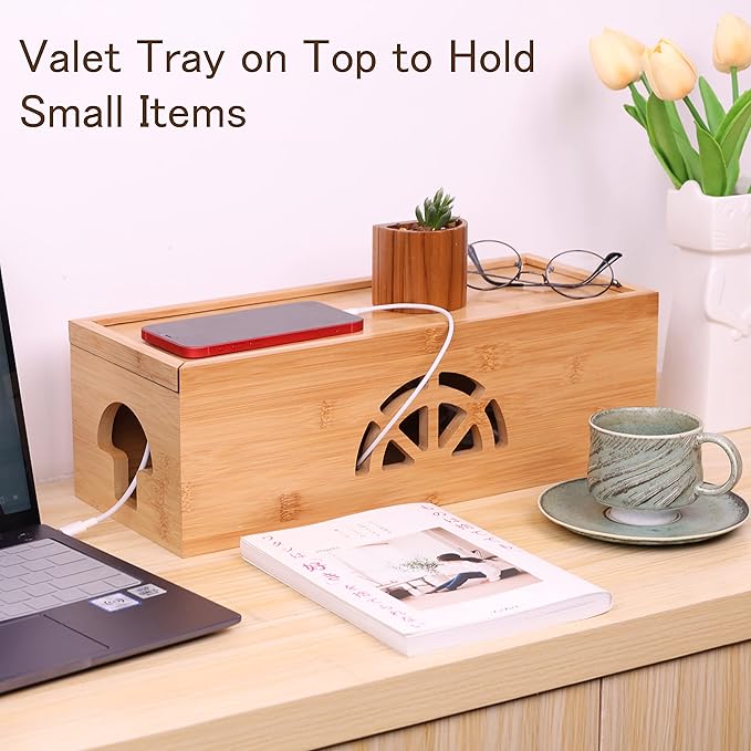 Extra Large Cable Management Box with Lid, Bamboo Cable Box for Cords, Power Strips or Surge Protectors, Hide Loose Wires Behind TVs, Home, Computers, Office Desks by HTB