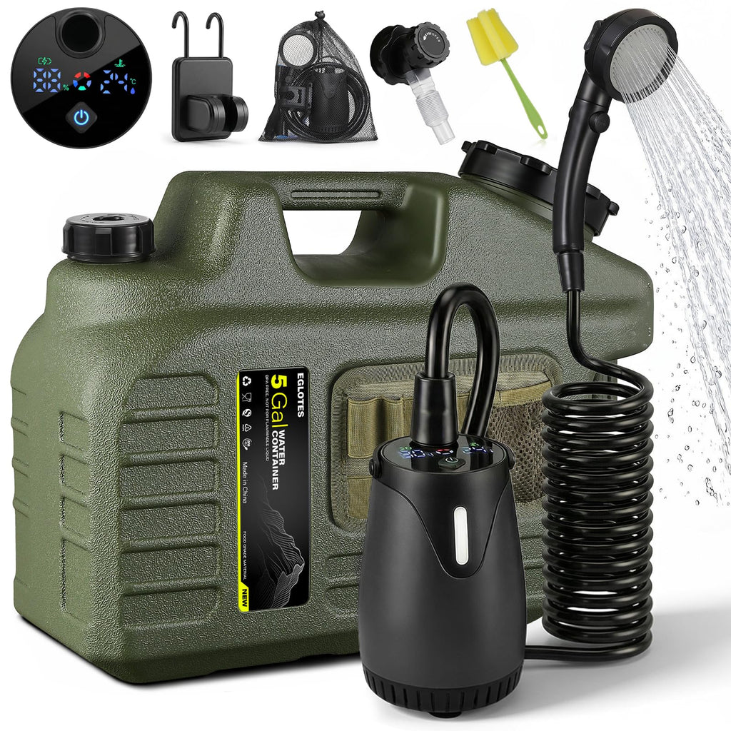 Portable Camping Shower with 5 Gallon Water Jug, 8000mAh Rechargeable Camp Shower Kit, IPX8 Waterproof Pump, Adjustable Shower Head, Portable Shower for Camping, Pet Bath, Car Wash, Plant Watering