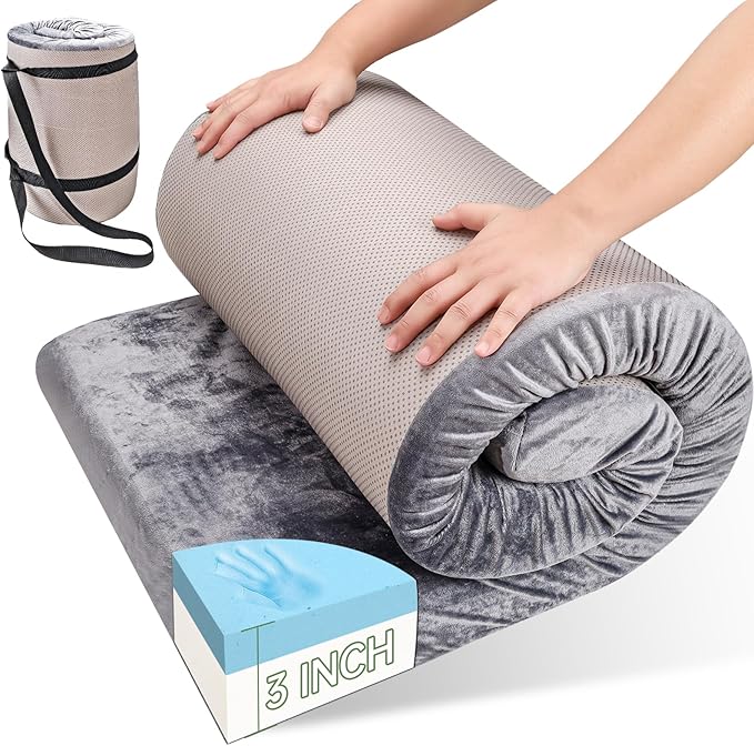 Memory Foam Camping Mattress pad,3 Inch Thick Floor Sleeping Mat Pad for Adults with Waterproof and Non-Slip Bottom, Portable Roll Up Mattress for Sleepover Guest