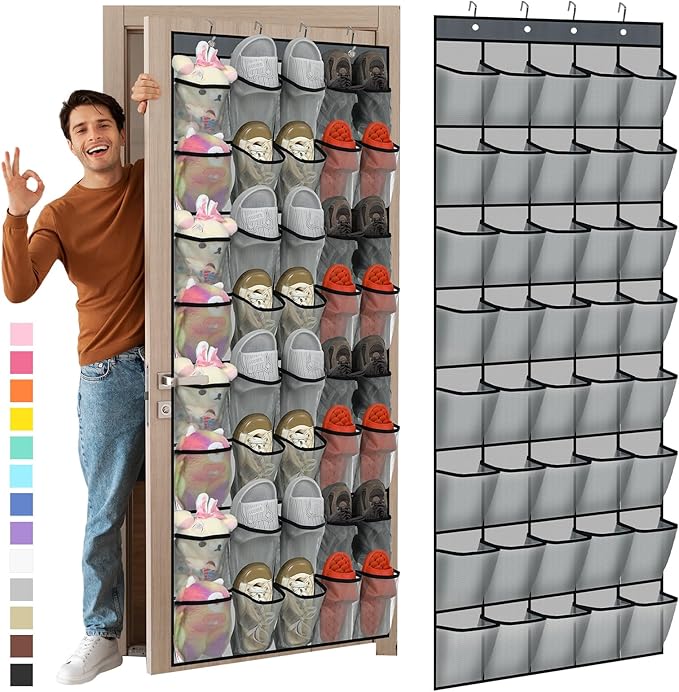 Windyun 40 Over The Door Shoe Organizer, Large Mesh Pocket Hanging Shoe Rack Hanger Large Capacity Gray Behind The Door Storage Holder for Dorm College Closet Entryway Bedroom Utility Room Women Men