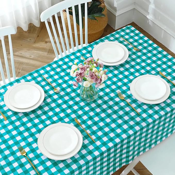 Romanstile Rectangle Vinyl Tablecloth, 100% Waterproof Buffalo Gingham Plastic Table Cloth, Heavy Duty Wipeable Checkered Table Covers for Outdoor, Camping, Picnic, Patio - 54 x 120, Teal Green