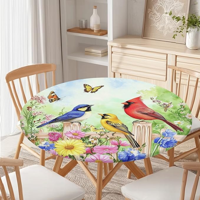 Spring Birds Floral Round Fitted Tablecloth with Elastic Colorful Flower Butterfly Circle Table Cloth for 36-40" Round Tables Wipeable Waterproof Farmhouse Easter Table Cover for Outdoor Picnic Dining