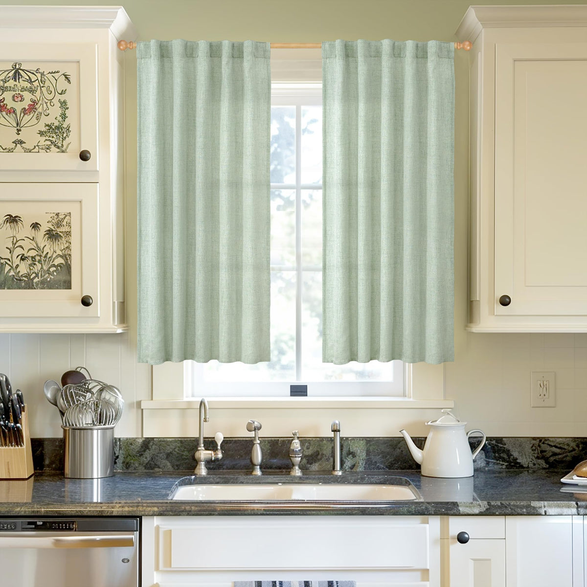 Sage Green Linen Curtains 54 Inch Length for Living Room Window (2 Count)