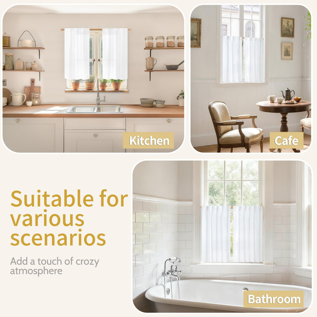 White Linen Curtains 36 Inch Length for Kitchen Window Over Sink (2 Count)