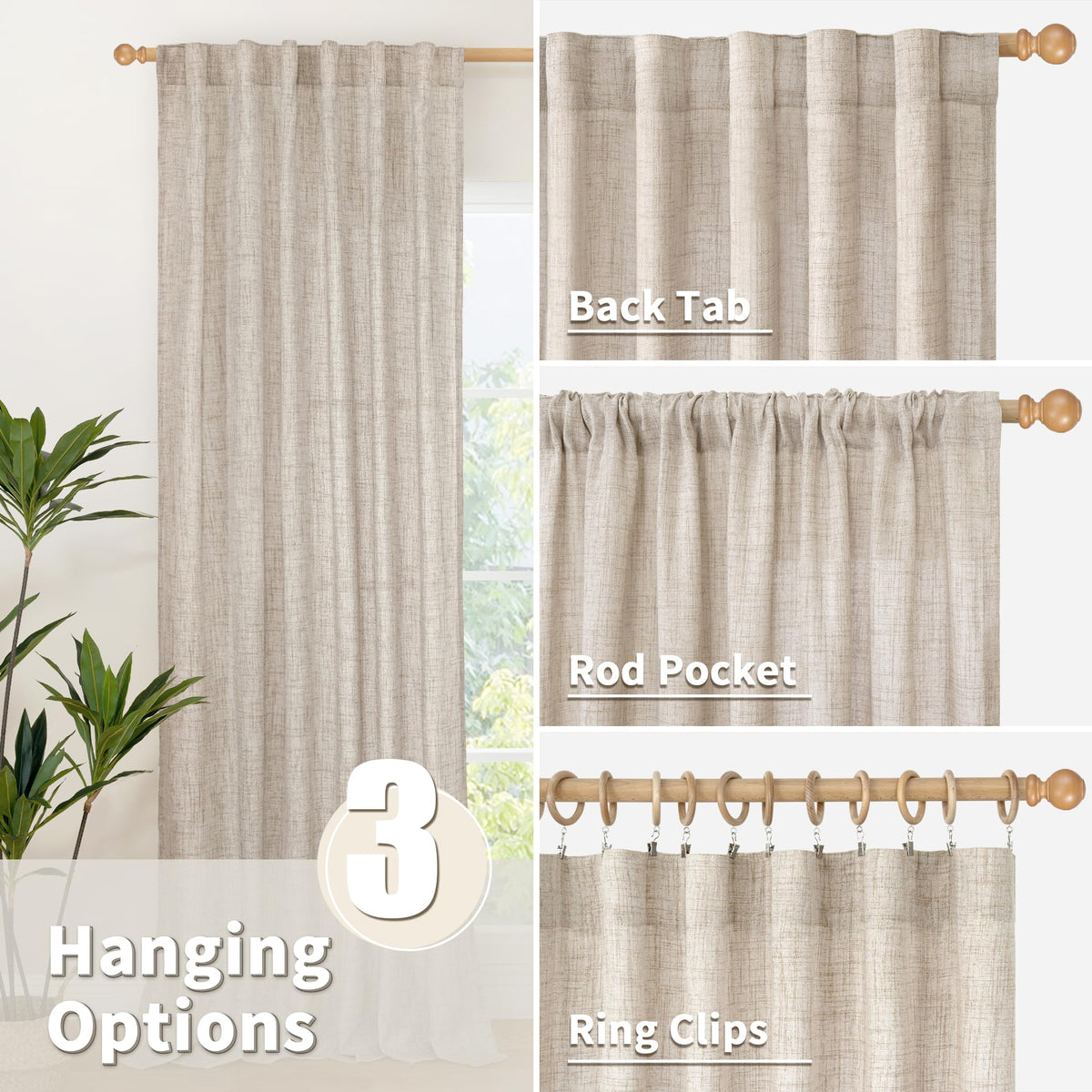 Linen Semi Sheer Curtains 63 Inch Length 2 Panels for Window (2 Count)