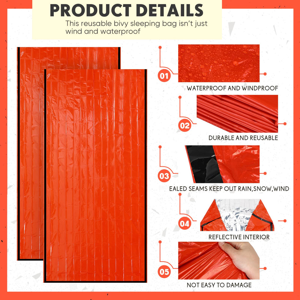 Qunclay 12 Set Emergency Sleeping Bag Survival Bivvy Sack Blanket with Whistles Lightweight Portable Thermal Survival Bag Thick Tent with Hood Extension Nylon Stuff Sack (Orange,82.7 x 35.4 in)