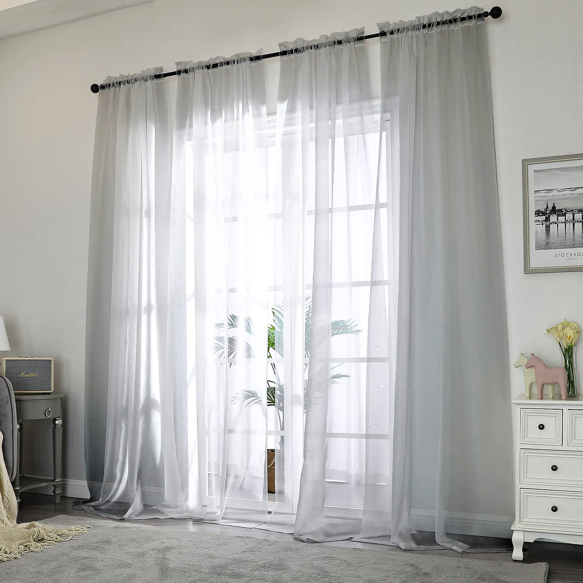 Charcoal Grey Sheer Curtains 108 Inch Length 2 Panels