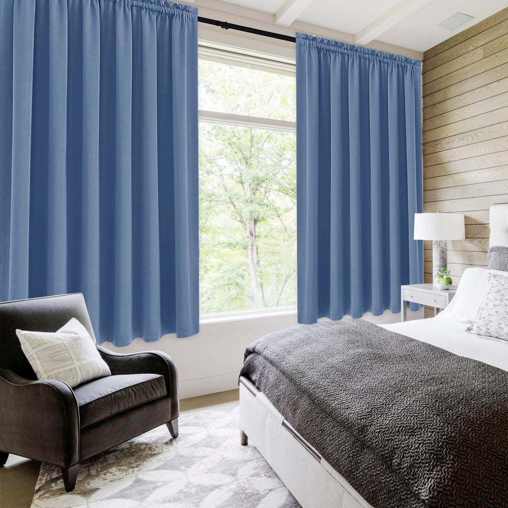 Wide Blackout Curtains for Bedroom 70 x 63 Inch Long Dusty Blue (2 Count)