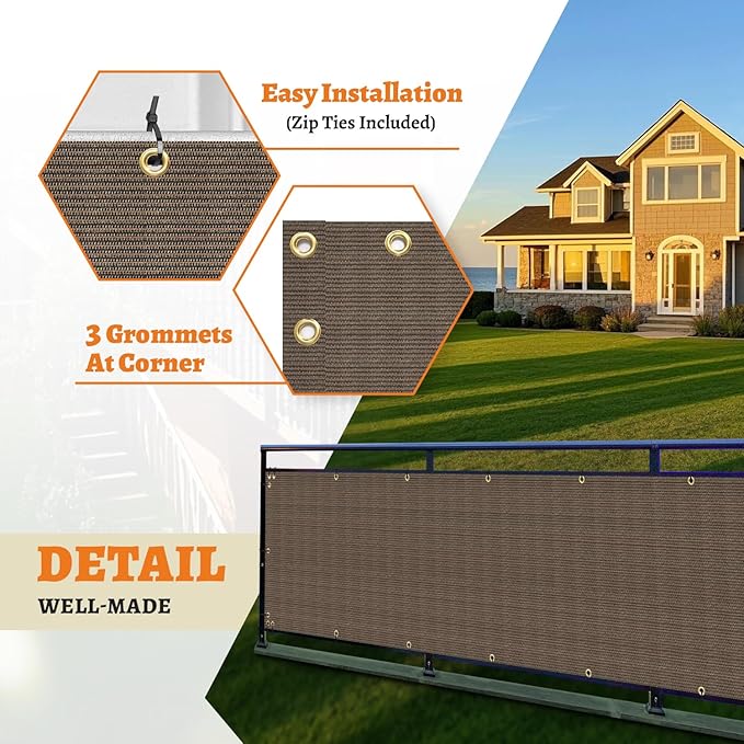 2.5' x 230' Balcony Privacy Screen Fence Cover with Zip Ties Grommets for Apartment Patio Porch Deck Backyard Outdoor (Brown)