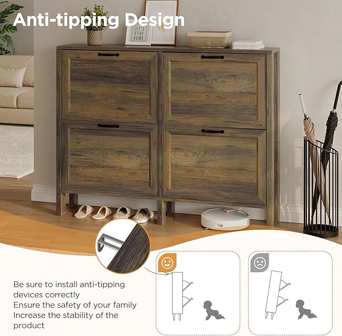 LOUVIXA Shoe Cabinet with 4 Flip Drawers, Narrow Shoe Storage Cabinet, Freestanding Shoe Cabinet Organizer, Hidden Shoe Rack Cabinet for Entryway, Hallway (4-Drawers, Brown/4-drawers)
