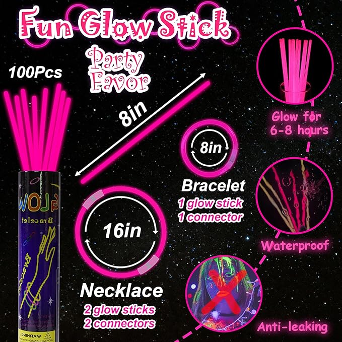 100 pk 8" Pink Glow Sticks Bulk Party Favors, Light up Glow Necklaces & Bracelets in the Dark Party Supplies For Christmas Valentine Halloween Birthday Neon Party (100 * Pink)