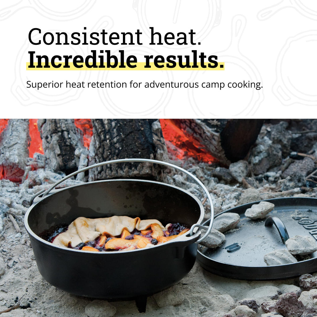 Lodge Seasoned Cast Iron Camp Dutch Oven with Lid - 4 Quart - Dual Handles - Seasoned Cast Iron Cookware with Steel Handle & Strong Lid for Heavy- Duty Camping Cookware