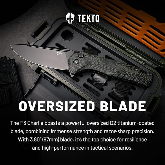 F3 Charlie Button Lock Folding Knife, Oversized Fine Edge Blade, Tactical Damascus G10 Handle - Easy Open Pocket Knife with Titanium Coated D2 Steel & Black Titanium Barrel Spacers
