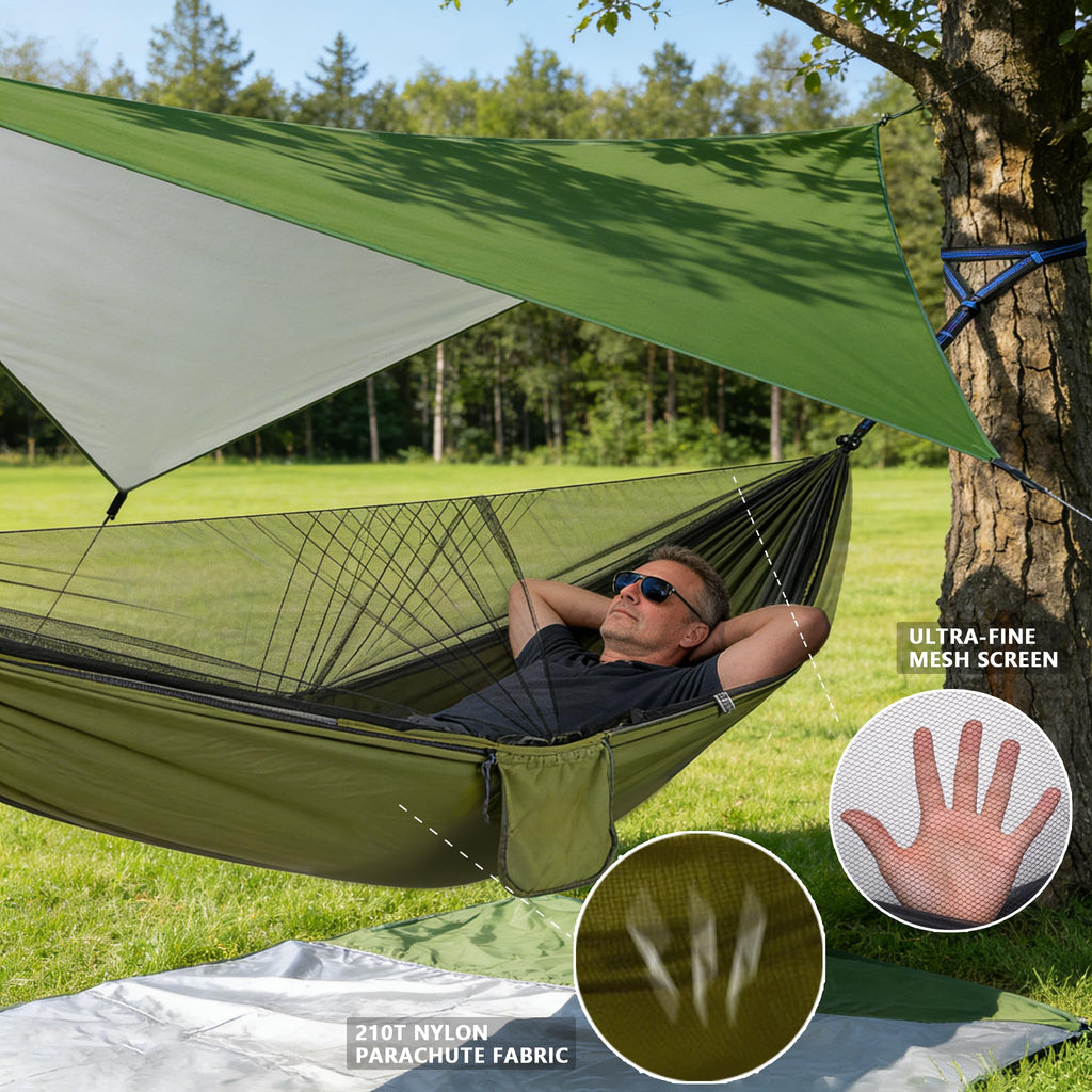 Ovyuzhen Camping Hammock with Rain Fly Tarp Mosquito Net Heavy Duty Tree Straps Portable Double Parachute Hammock Tent Waterproof Rainfly Set 660lbs Maximum Weight