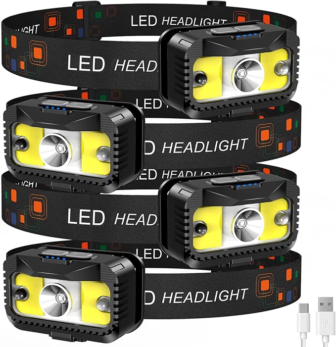 Headlamp Rechargeable, Ultra Bright LED Head Lamp Flashlight with White Red Light, Motion Sensor Waterproof Headlight,8 Modes Head Lights for Outdoor Camping Fishing Running-4 Pack
