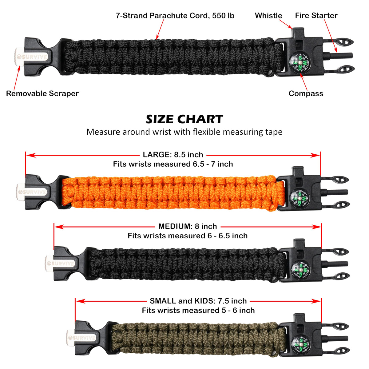 SURVIVE Paracord Bracelet | 8.5 ft, Small Outdoor Survival Gear