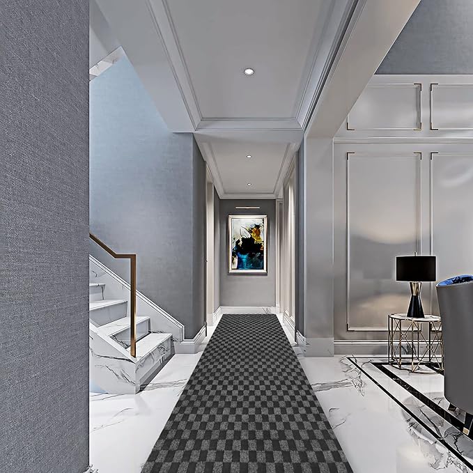 3' x 79' Runner Rugs with Rubber Backing, Indoor Outdoor Utility Carpet Runner Rugs, Checkered Gray, Can Be Used as Aisle for The RV and Boat, Laundry Room and Balcony