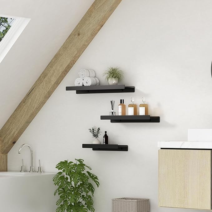 12 inch Metal Floating Shelves for Wall, Small Shelves Wall Mounted with Lip for Storage No Wobble, Heavy Duty Wall Shelves for Bathroom/Kitchen/Bedroom/Small Spaces, Black 12X 4.5X2, Set of 2