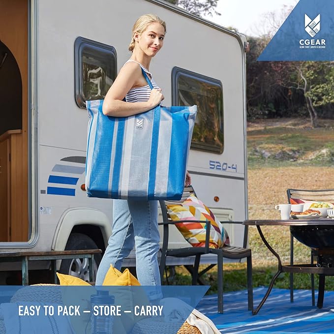 CGEAR RV Comfort Mat – Patented Sand-Free Technology with Ultra Soft Material – Sized to Your RV, Campsite, Beach House – Great Outdoor Patio Rug for RV and Camping (Navy Dynamic Stripe, 8' x 14')