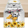 Farmhouse Cow Table Runner, Rustic Yellow Sunflower Floral Buffalo Animals Spring Coffee Farm Table Center Decor for Family Kitchen and Living Room Country Holiday Party Table Decorations, 13" X 36"