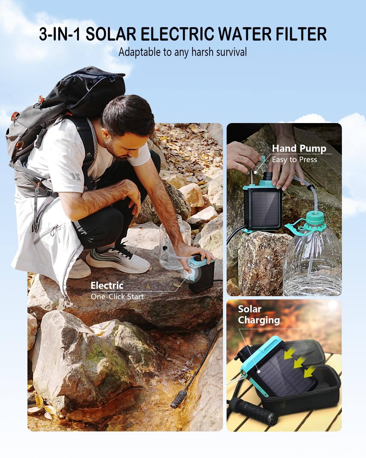 BKLES 3-in-1 Water Filter | Portable Camping Filtration System