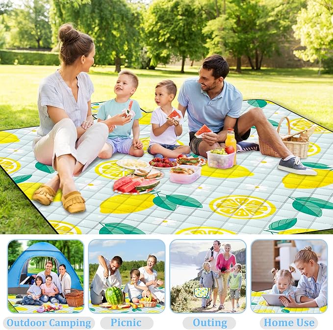 Extra Large Picnic Blanket Waterproof,80"x 80"Foldable Machine Washable Beach Blankets,Outdoor Blanket for 6-8 Adults,Picnic Mat Suitable for Indoor Crawling,Park Beach,Camping,Hiking,Travel(Lemon)