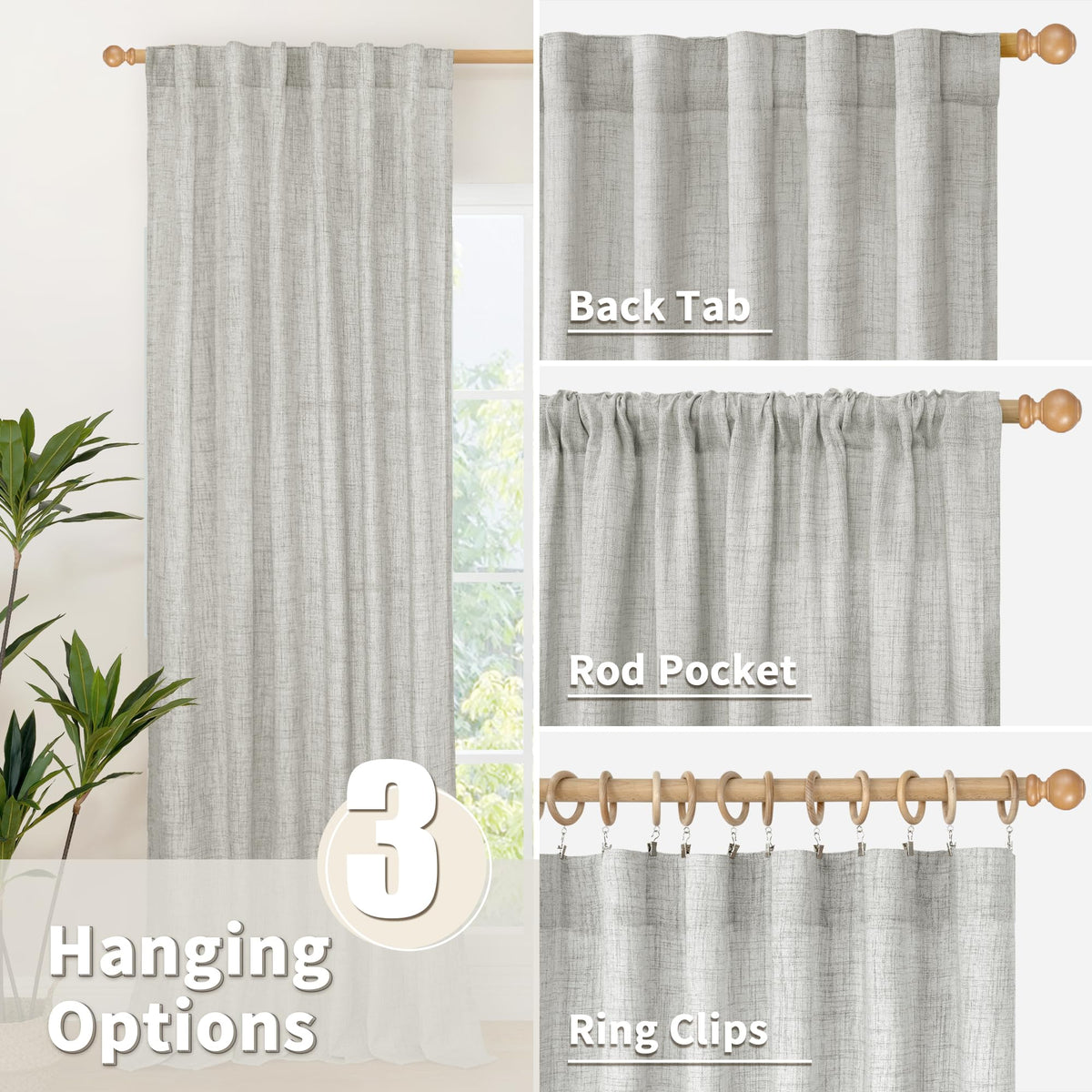 Light Grey Linen Curtains 36 Inch Length for Kitchen Cafe Window (2 Count)