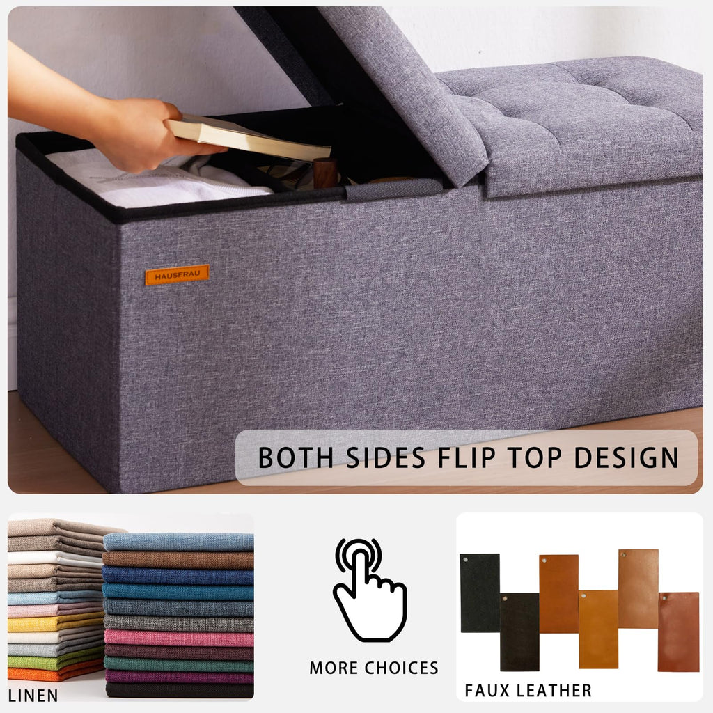Ottoman with Storage Bench Folding Foot Rest Stool Linen Black